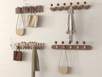 Wooden Wall Mounted Hook Racks With Round Knobs For Hanging Bags And Scarves 3d model