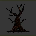 Cartoon Scene of Twisted Tree with Tangled Branches and Brown Roots on Gray Background