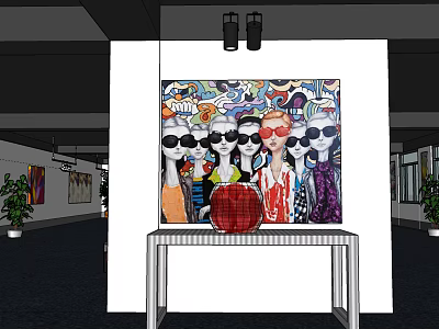 Art Gallery Exhibition With Colorful Painting Figures In Sunglasses And Red Sphere On Table 3d model