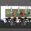 Modern Restaurant Interior With Round Dining Table Colorful Mural And Pendant Lights