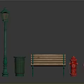 Outdoor Scene Components With Green Street Lamp Trash Can Wooden Bench And Red Fire Hydrant