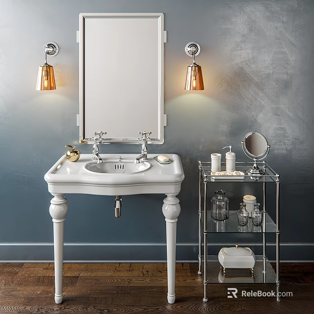 White Pedestal Bathroom Sink With Mirror Brass Wall Lamps And Glass Shelf 3d model 