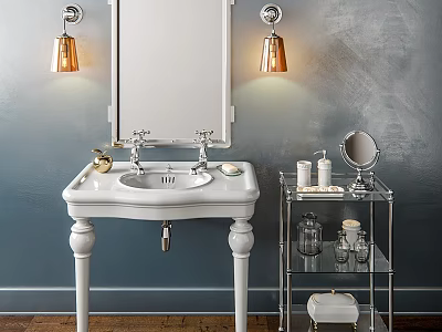 White Pedestal Bathroom Sink With Mirror Brass Wall Lamps And Glass Shelf 3d model