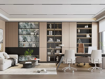 Modern Open concept Office Interior With Sofa Desk Bookshelves Green Plants And Marble Wall 3d model