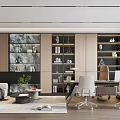 Modern Open concept Office Interior With Sofa Desk Bookshelves Green Plants And Marble Wall