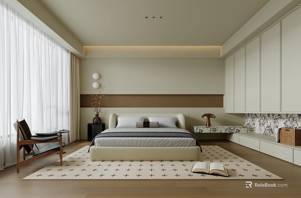 Modern Bedroom Interior With Large Bed Soft Carpet And Built in Wardrobe 3d model 