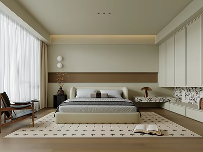 Modern Bedroom Interior With Large Bed Soft Carpet And Built in Wardrobe 3d model