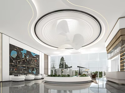 Modern Sales Office Interior With Circular Lighting Art Painting And Floor To Ceiling Windows 3d model