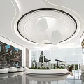 Modern Sales Office Interior With Circular Lighting Art Painting And Floor To Ceiling Windows