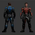 Character Action Figure Models Front Back Views With Black Blue Red Armored Suit Design