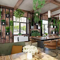 Open Space Restaurant With Wooden Ceiling Hanging Green Plants Pendant Lights And Red Brick Walls