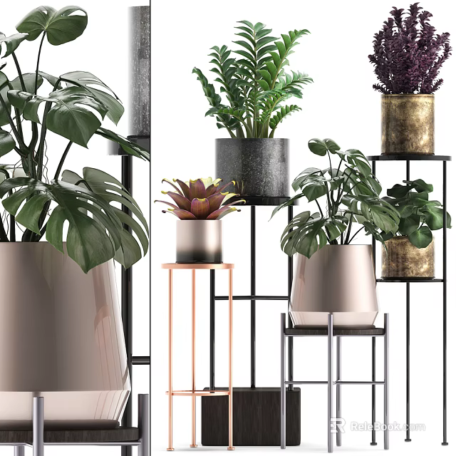 Potted Bonsai Plants With Various Green Plants In Metallic Pots And Metal Stands 3d model 