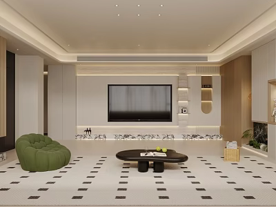 Modern Living and Dining Room Interior With Green Sofa TV Wall Coffee Table Patterned Carpet 3d model