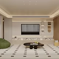 Modern Living and Dining Room Interior With Green Sofa TV Wall Coffee Table Patterned Carpet