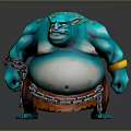 3D Creature Character Model With Blue Skin Green Spots Fierce Expression Chain And Yellow Wristband