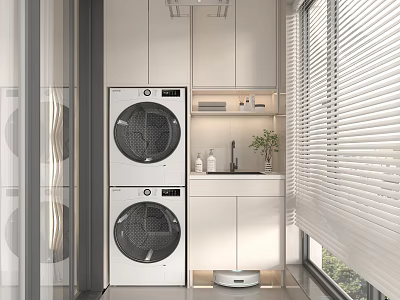 Modern Home Balcony With Washing Machine Dryer Combo White Cabinets Sink And Blinds 3d model