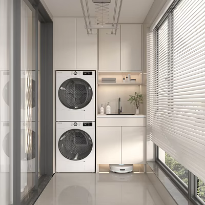 Modern Home Balcony With Washing Machine Dryer Combo White Cabinets Sink And Blinds 3d model