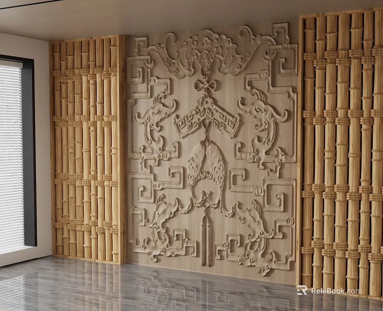 Wooden Background Wall With Intricate Carved Patterns And Bamboo Like Panels 3d model 