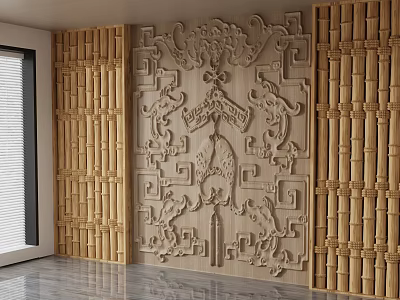 Wooden Background Wall With Intricate Carved Patterns And Bamboo Like Panels 3d model