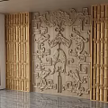 Wooden Background Wall With Intricate Carved Patterns And Bamboo Like Panels