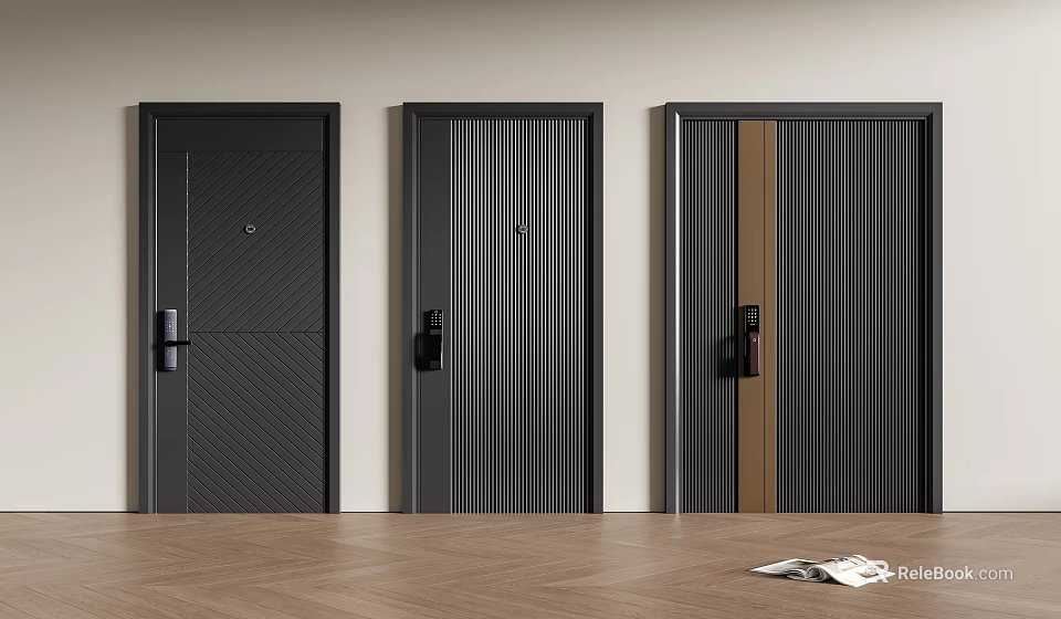 Three Modern Black Security Doors With Striped And Wooden Accent Designs 3d model 