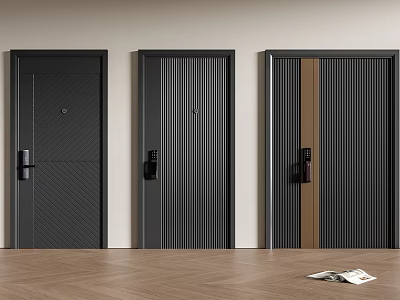Three Modern Black Security Doors With Striped And Wooden Accent Designs 3d model