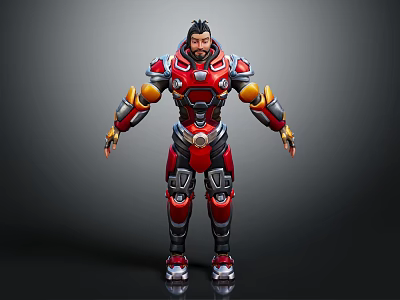 Human Character In Red Silver Mecha Suit With Biological Features Standing Futuristic Design 3d model