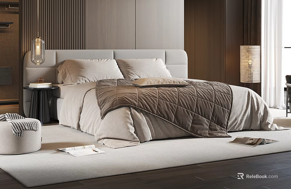 Elegant Modern Double Bed with Gray Headboard Brown Quilt Wooden Wall Nightstand Lamp and Rug 3d model 