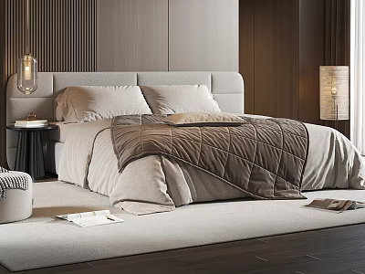Elegant Modern Double Bed with Gray Headboard Brown Quilt Wooden Wall Nightstand Lamp and Rug 3d model