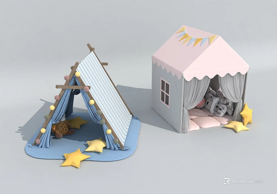 Adorable Kids Tents Triangular Striped and Pink Roof House Design with Star Decorations Plush Toys 3d model 