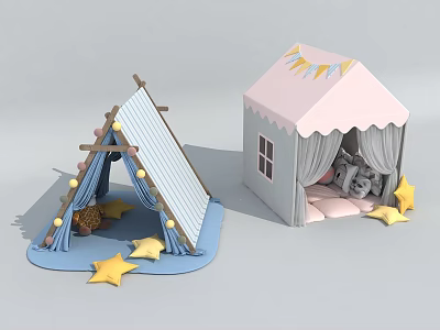 Adorable Kids Tents Triangular Striped and Pink Roof House Design with Star Decorations Plush Toys 3d model