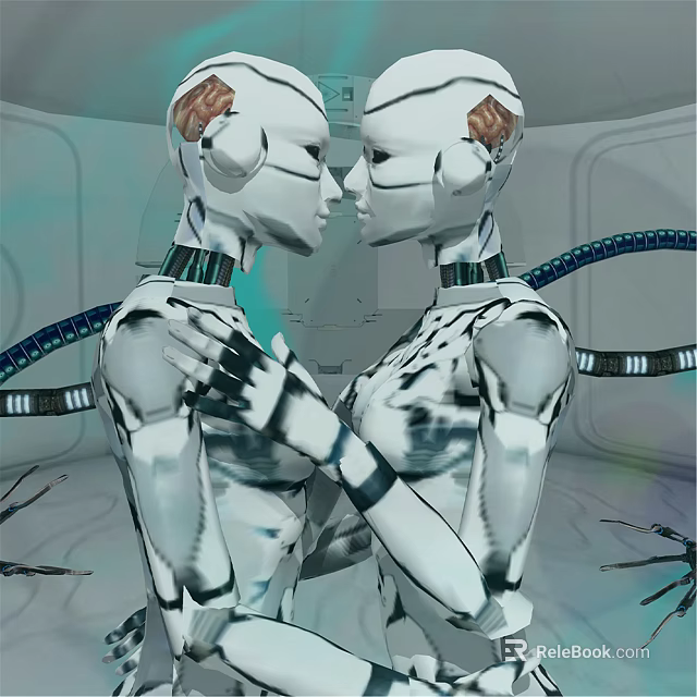 Two Intelligent Robots Facing Each Other With Hand On Shoulder In Technological Setting 3d model 