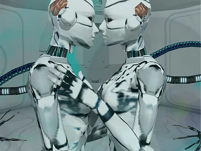 Two Intelligent Robots Facing Each Other With Hand On Shoulder In Technological Setting 3d model