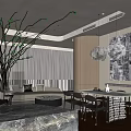 Modern Dining Living Room Interior Design With Marble Countertop Chandelier And Abstract Artwork