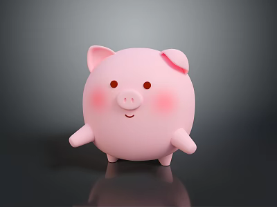 Cute Chubby Pink Cartoon Pig With Smiling Face Blush Cheeks Standing On Dark Background 3d model