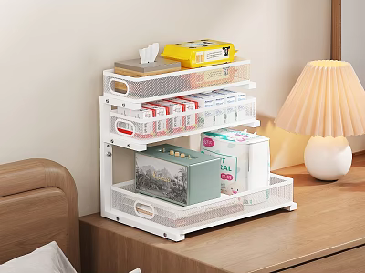 Organized Bedroom Nightstand With Multi Tier Storage Rack And Table Lamp 3d model