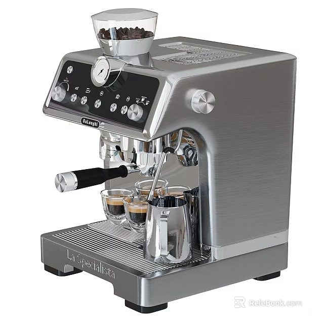 Stainless Steel Espresso Machine Modern Home Kitchen Appliance With Coffee Cups And Milk Frother 3d model 