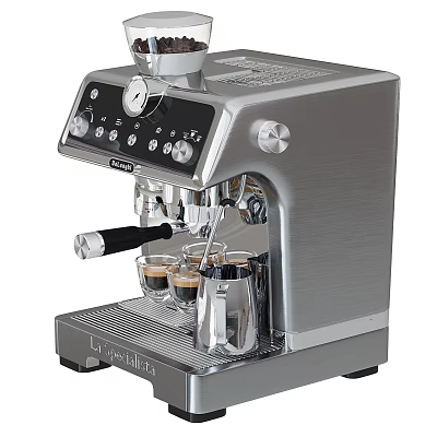 Stainless Steel Espresso Machine Modern Home Kitchen Appliance With Coffee Cups And Milk Frother 3d model