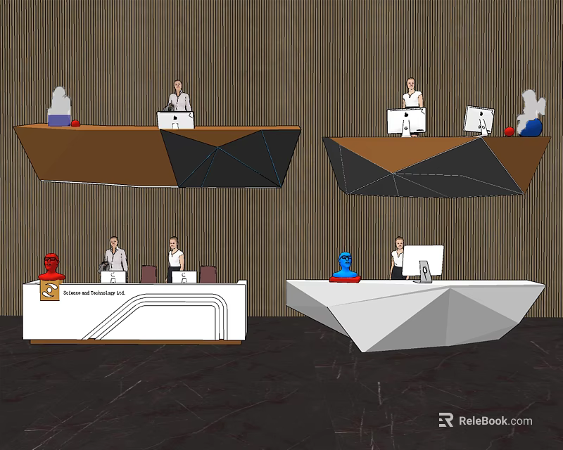 Modern Geometric Designed Reception Desks With Computers Staff And Decorative Items 3d model