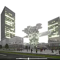 Modern Glass Facade Office Tower Complex With Sky Bridge Pedestrians And Greenery