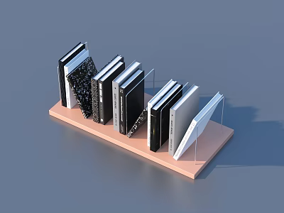 Stylish Book Stand Display With Black White Patterned Books On Wooden Base 3d model