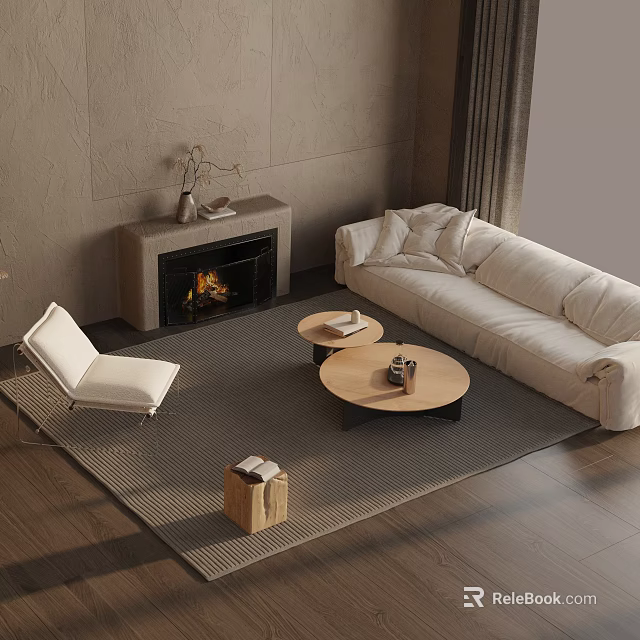 Modern Living Room White Sofa And Coffee Table Set With Round Tables And Decorative Items 3d model 