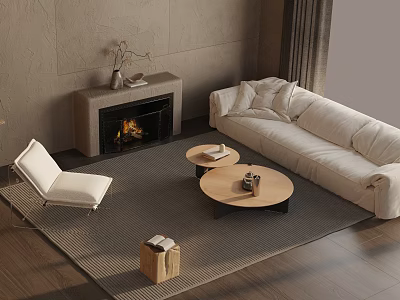 Modern Living Room White Sofa And Coffee Table Set With Round Tables And Decorative Items 3d model