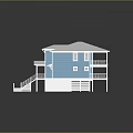Two Story Blue House Exterior With White Roof Porch Staircase And Green Lawn