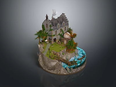 Scenic Castle Landscape With Flag Trees Grass Path Bridge And Rocky Water Base 3d model