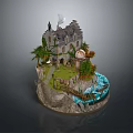 Scenic Castle Landscape With Flag Trees Grass Path Bridge And Rocky Water Base