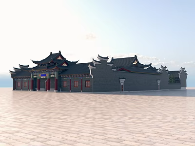Ancient Chinese Architecture Featuring Overhanging Eaves Dark Roof Tiles Red Doors And Spacious Stone Pavement 3d model