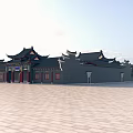 Ancient Chinese Architecture Featuring Overhanging Eaves Dark Roof Tiles Red Doors And Spacious Stone Pavement