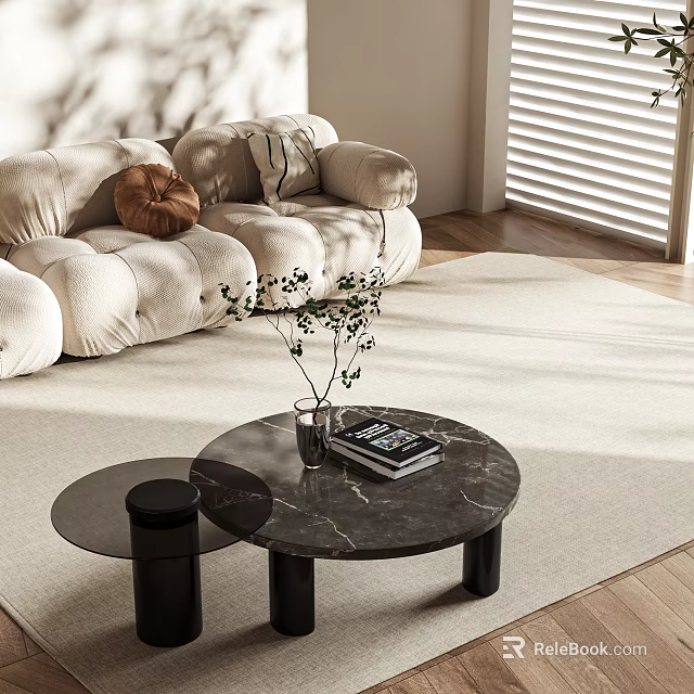 Modern Living Room Coffee Table with Marble Top Black Legs Vase Green Plant and Magazine 3d model 