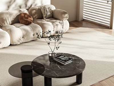 Modern Living Room Coffee Table with Marble Top Black Legs Vase Green Plant and Magazine 3d model